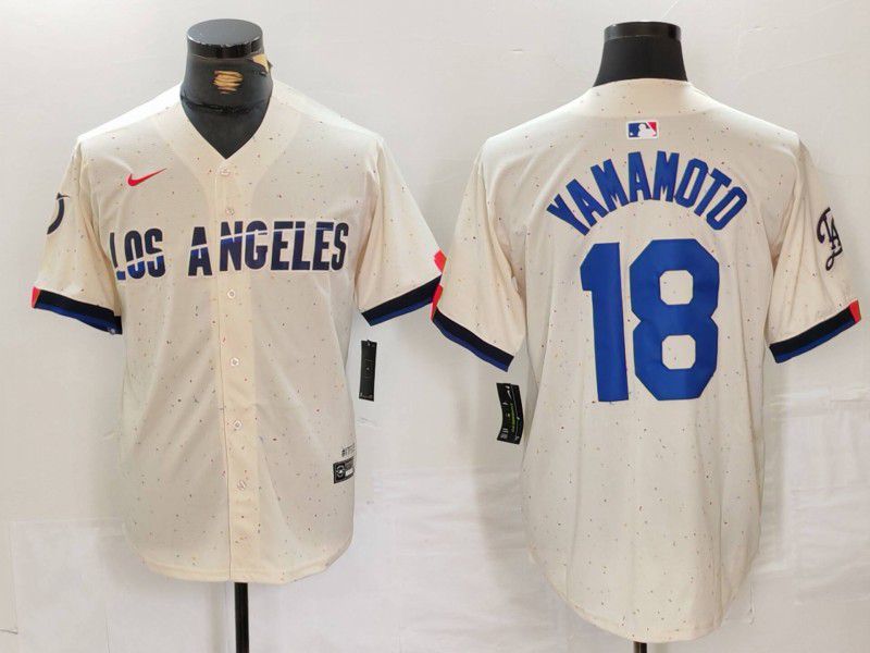 Men Los Angeles Dodgers #18 Yamamoto Cream Fashion Nike Game MLB Jersey style 30